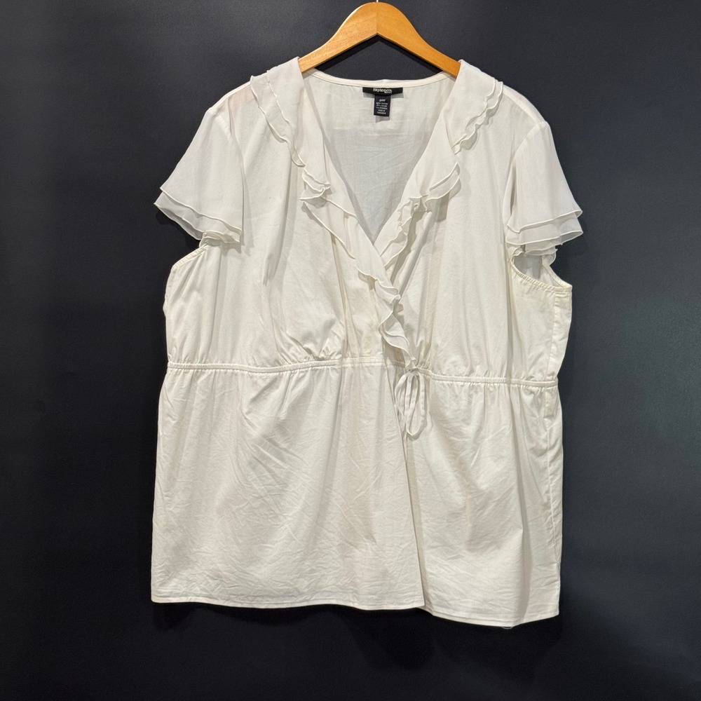 Style & Co Blouse Womens 24W White Ruffle V-Neck Empire Waist Flutter Sleeve Top